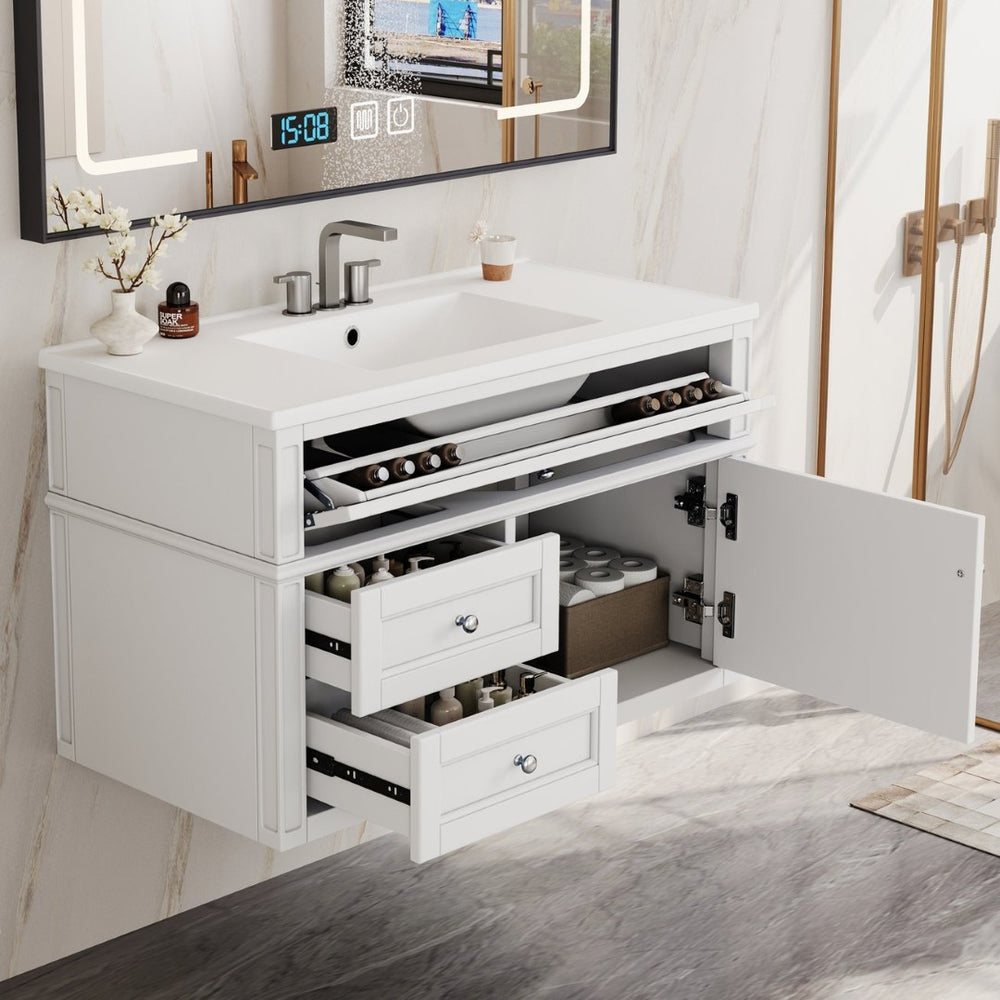 English Elm 36'' Floating Bathroom Vanity with Ceramic Sink Poplar Wood Cabinet and Iron Knobs White N710P458416K