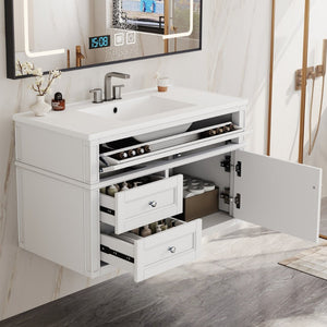 English Elm 36'' Floating Bathroom Vanity with Ceramic Sink Poplar Wood Cabinet and Iron Knobs White N710P458416K