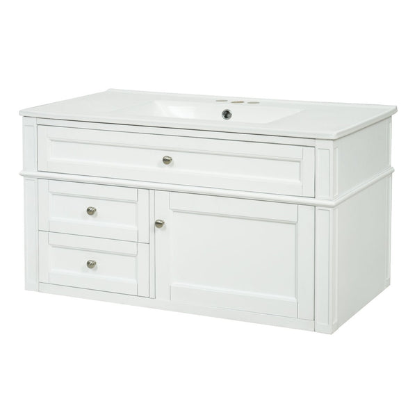 English Elm 36'' Floating Bathroom Vanity with Ceramic Sink Poplar Wood Cabinet and Iron Knobs White N710P458416K