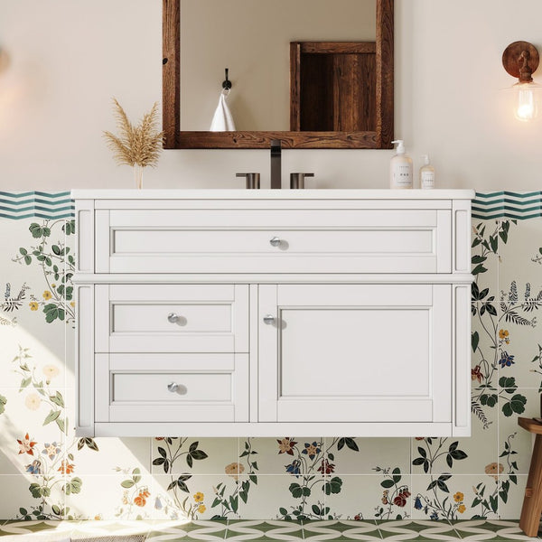 English Elm 36'' Floating Bathroom Vanity with Ceramic Sink Poplar Wood Cabinet and Iron Knobs White N710P458416K