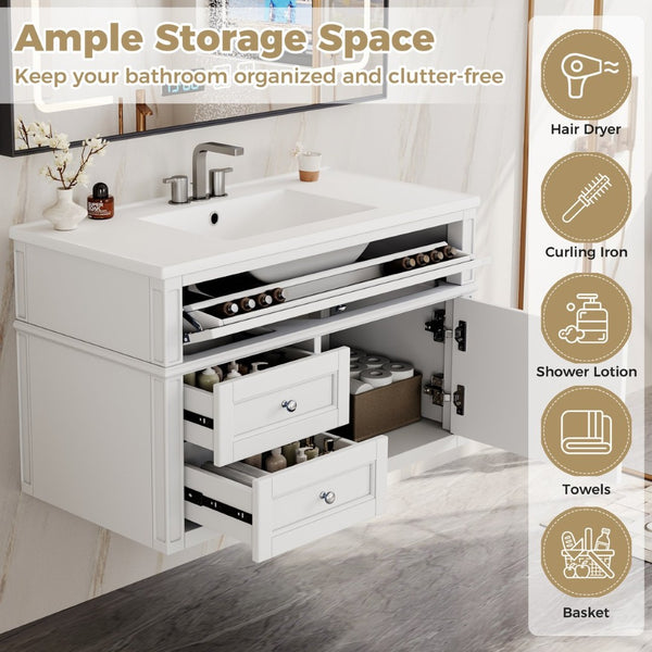 English Elm 36'' Floating Bathroom Vanity with Ceramic Sink Poplar Wood Cabinet and Iron Knobs White N710P458416K