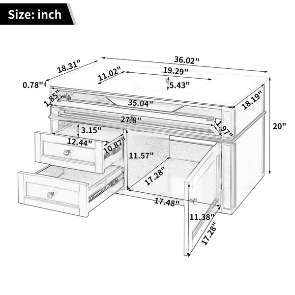 English Elm 36'' Floating Bathroom Vanity with Ceramic Sink Poplar Wood Cabinet and Iron Knobs White N710P458416K