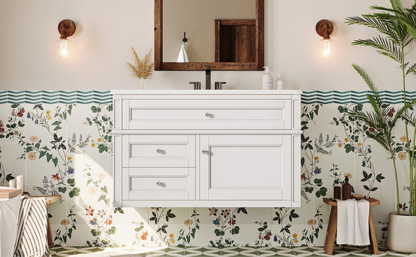 English Elm 36'' Floating Bathroom Vanity with Ceramic Sink Poplar Wood Cabinet and Iron Knobs White N710P458416K