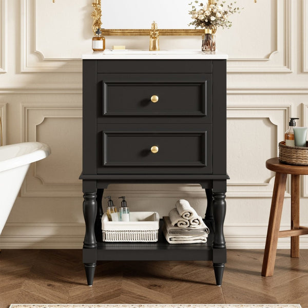 English Elm 20'' Retro Bathroom Vanity with Ceramic Sink Open Shelf and 2 Drawers for Small Baths Black N710P458422B