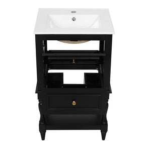 English Elm 20'' Retro Bathroom Vanity with Ceramic Sink Open Shelf and 2 Drawers for Small Baths Black N710P458422B