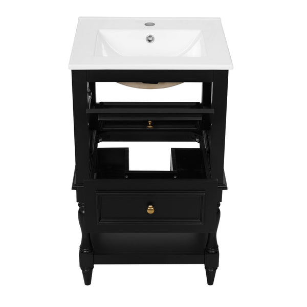 English Elm 20'' Retro Bathroom Vanity with Ceramic Sink Open Shelf and 2 Drawers for Small Baths Black N710P458422B