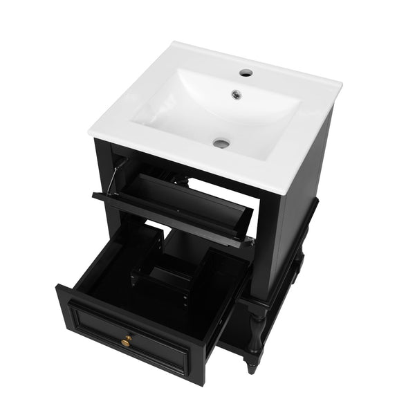 English Elm 20'' Retro Bathroom Vanity with Ceramic Sink Open Shelf and 2 Drawers for Small Baths Black N710P458422B
