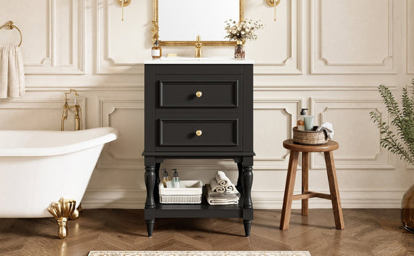 English Elm 20'' Retro Bathroom Vanity with Ceramic Sink Open Shelf and 2 Drawers for Small Baths Black N710P458422B