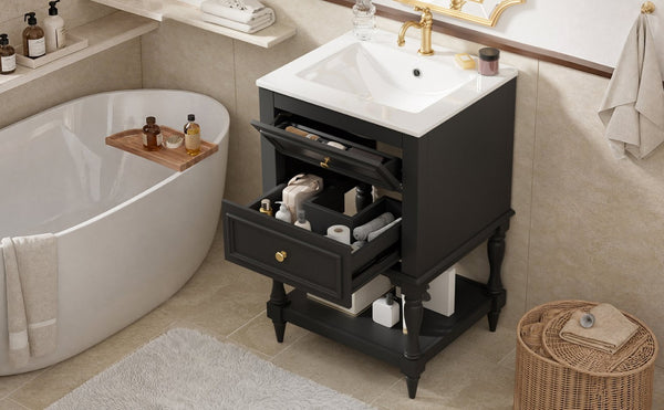 English Elm 20'' Retro Bathroom Vanity with Ceramic Sink Open Shelf and 2 Drawers for Small Baths Black N710P458422B