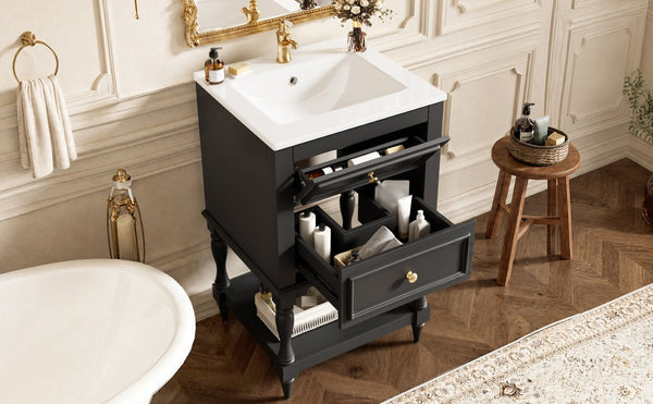 English Elm 20'' Retro Bathroom Vanity with Ceramic Sink Open Shelf and 2 Drawers for Small Baths Black N710P458422B