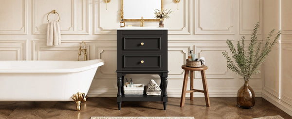 English Elm 20'' Retro Bathroom Vanity with Ceramic Sink Open Shelf and 2 Drawers for Small Baths Black N710P458422B