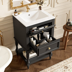 English Elm 20'' Retro Bathroom Vanity with Ceramic Sink Open Shelf and 2 Drawers for Small Baths Black N710P458422B