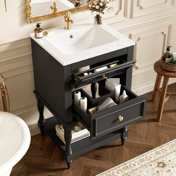 English Elm 20'' Retro Bathroom Vanity with Ceramic Sink Open Shelf and 2 Drawers for Small Baths Black N710P458422B
