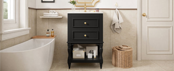 English Elm 20'' Retro Bathroom Vanity with Ceramic Sink Open Shelf and 2 Drawers for Small Baths Black N710P458422B