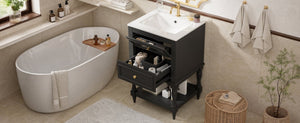 English Elm 20'' Retro Bathroom Vanity with Ceramic Sink Open Shelf and 2 Drawers for Small Baths Black N710P458422B