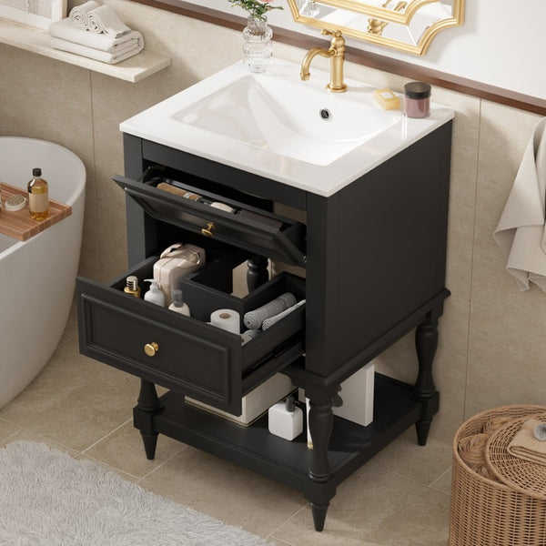 English Elm 20'' Retro Bathroom Vanity with Ceramic Sink Open Shelf and 2 Drawers for Small Baths Black N710P458422B