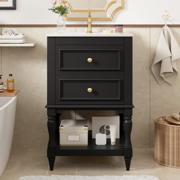 English Elm 20'' Retro Bathroom Vanity with Ceramic Sink Open Shelf and 2 Drawers for Small Baths Black N710P458422B
