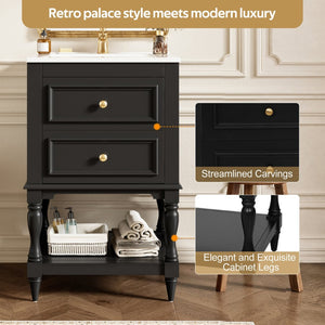 English Elm 20'' Retro Bathroom Vanity with Ceramic Sink Open Shelf and 2 Drawers for Small Baths Black N710P458422B