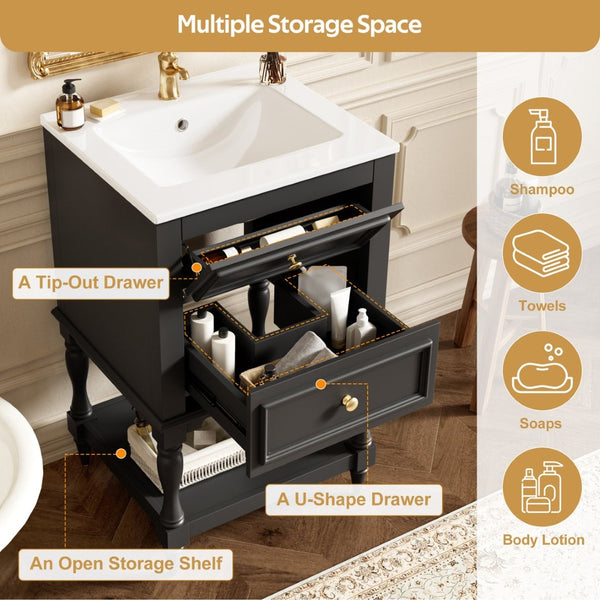 English Elm 20'' Retro Bathroom Vanity with Ceramic Sink Open Shelf and 2 Drawers for Small Baths Black N710P458422B