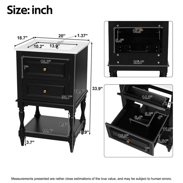 English Elm 20'' Retro Bathroom Vanity with Ceramic Sink Open Shelf and 2 Drawers for Small Baths Black N710P458422B