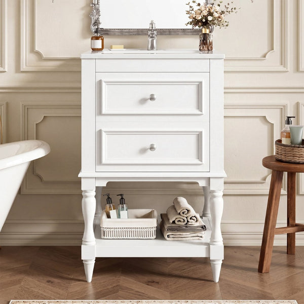 English Elm 20'' Retro Bathroom Vanity with Ceramic Sink Open Shelf and 2 Drawers for Small Baths White N710P458422K