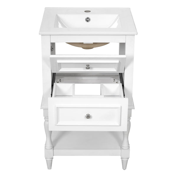 English Elm 20'' Retro Bathroom Vanity with Ceramic Sink Open Shelf and 2 Drawers for Small Baths White N710P458422K