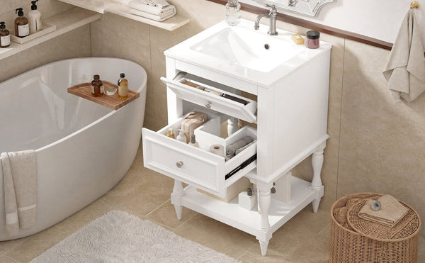 English Elm 20'' Retro Bathroom Vanity with Ceramic Sink Open Shelf and 2 Drawers for Small Baths White N710P458422K