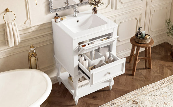 English Elm 20'' Retro Bathroom Vanity with Ceramic Sink Open Shelf and 2 Drawers for Small Baths White N710P458422K
