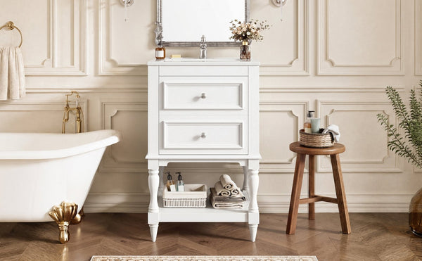 English Elm 20'' Retro Bathroom Vanity with Ceramic Sink Open Shelf and 2 Drawers for Small Baths White N710P458422K