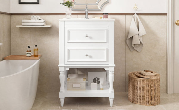 English Elm 20'' Retro Bathroom Vanity with Ceramic Sink Open Shelf and 2 Drawers for Small Baths White N710P458422K