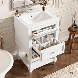 English Elm 20'' Retro Bathroom Vanity with Ceramic Sink Open Shelf and 2 Drawers for Small Baths White N710P458422K