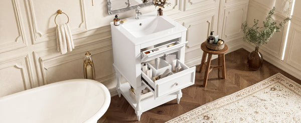 English Elm 20'' Retro Bathroom Vanity with Ceramic Sink Open Shelf and 2 Drawers for Small Baths White N710P458422K