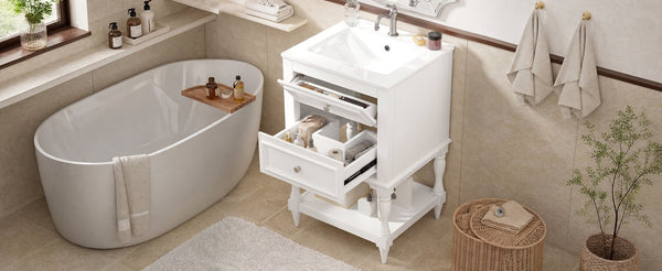 English Elm 20'' Retro Bathroom Vanity with Ceramic Sink Open Shelf and 2 Drawers for Small Baths White N710P458422K
