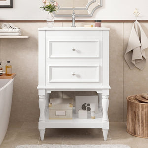 English Elm 20'' Retro Bathroom Vanity with Ceramic Sink Open Shelf and 2 Drawers for Small Baths White N710P458422K