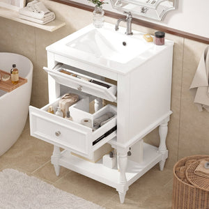 English Elm 20'' Retro Bathroom Vanity with Ceramic Sink Open Shelf and 2 Drawers for Small Baths White N710P458422K