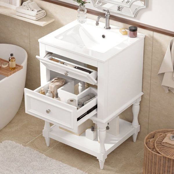 English Elm 20'' Retro Bathroom Vanity with Ceramic Sink Open Shelf and 2 Drawers for Small Baths White N710P458422K