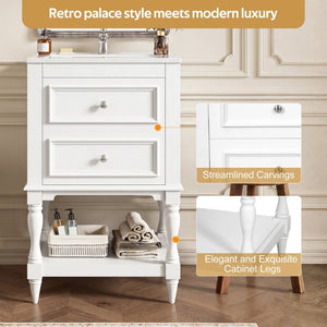 English Elm 20'' Retro Bathroom Vanity with Ceramic Sink Open Shelf and 2 Drawers for Small Baths White N710P458422K