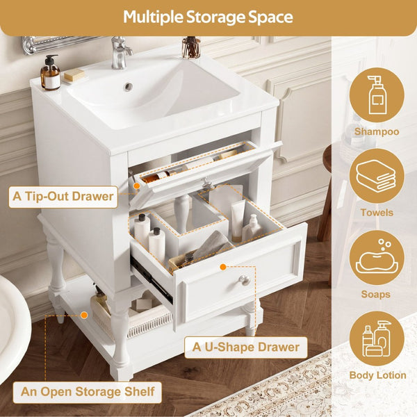 English Elm 20'' Retro Bathroom Vanity with Ceramic Sink Open Shelf and 2 Drawers for Small Baths White N710P458422K
