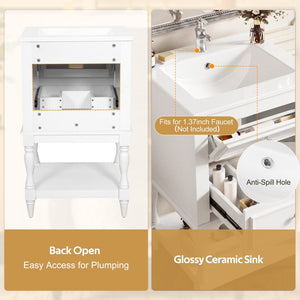 English Elm 20'' Retro Bathroom Vanity with Ceramic Sink Open Shelf and 2 Drawers for Small Baths White N710P458422K