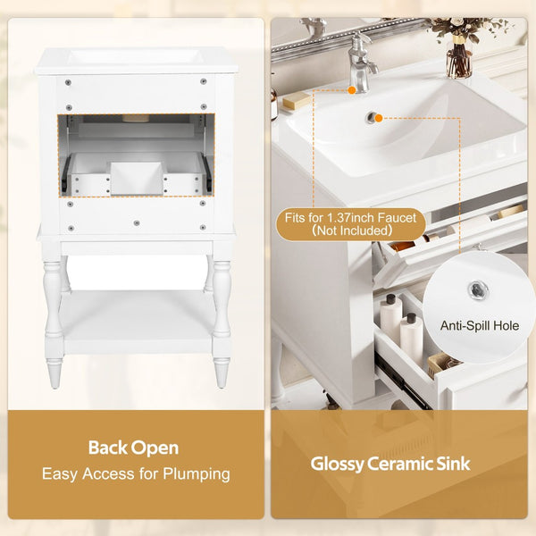 English Elm 20'' Retro Bathroom Vanity with Ceramic Sink Open Shelf and 2 Drawers for Small Baths White N710P458422K