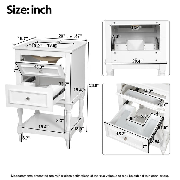 English Elm 20'' Retro Bathroom Vanity with Ceramic Sink Open Shelf and 2 Drawers for Small Baths White N710P458422K