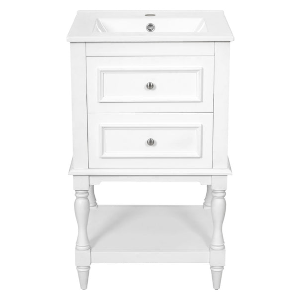 English Elm 20'' Retro Bathroom Vanity with Ceramic Sink Open Shelf and 2 Drawers for Small Baths White N710P458422K