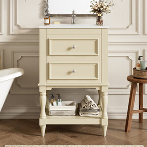 English Elm 20'' Retro Bathroom Vanity with Ceramic Sink Open Shelf and 2 Drawers for Small Baths Beige N710P458422Y