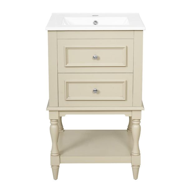 English Elm 20'' Retro Bathroom Vanity with Ceramic Sink Open Shelf and 2 Drawers for Small Baths Beige N710P458422Y