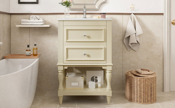 English Elm 20'' Retro Bathroom Vanity with Ceramic Sink Open Shelf and 2 Drawers for Small Baths Beige N710P458422Y