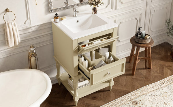 English Elm 20'' Retro Bathroom Vanity with Ceramic Sink Open Shelf and 2 Drawers for Small Baths Beige N710P458422Y