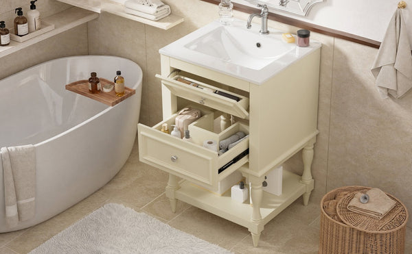 English Elm 20'' Retro Bathroom Vanity with Ceramic Sink Open Shelf and 2 Drawers for Small Baths Beige N710P458422Y
