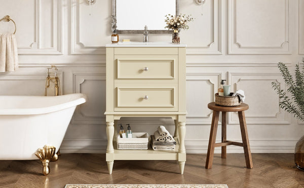 English Elm 20'' Retro Bathroom Vanity with Ceramic Sink Open Shelf and 2 Drawers for Small Baths Beige N710P458422Y