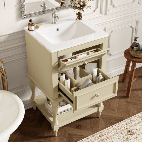 English Elm 20'' Retro Bathroom Vanity with Ceramic Sink Open Shelf and 2 Drawers for Small Baths Beige N710P458422Y