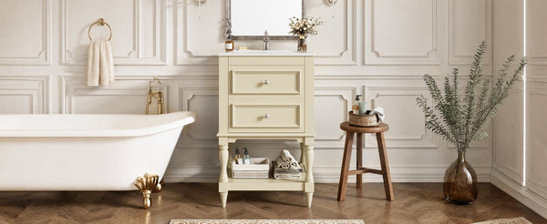 English Elm 20'' Retro Bathroom Vanity with Ceramic Sink Open Shelf and 2 Drawers for Small Baths Beige N710P458422Y